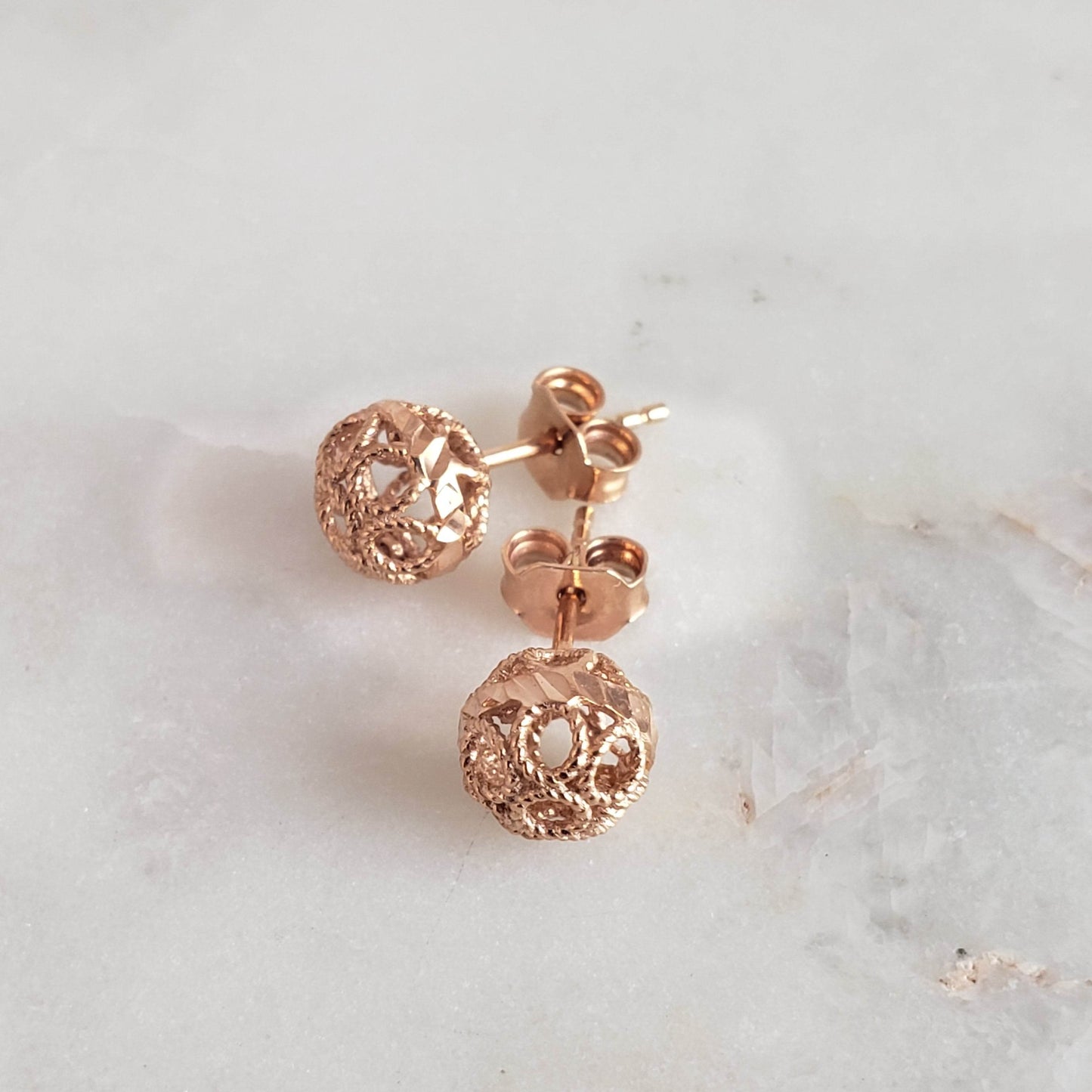 Round Gold Filigree Bead Stud Earrings with Diamond Cut - TurkishBling