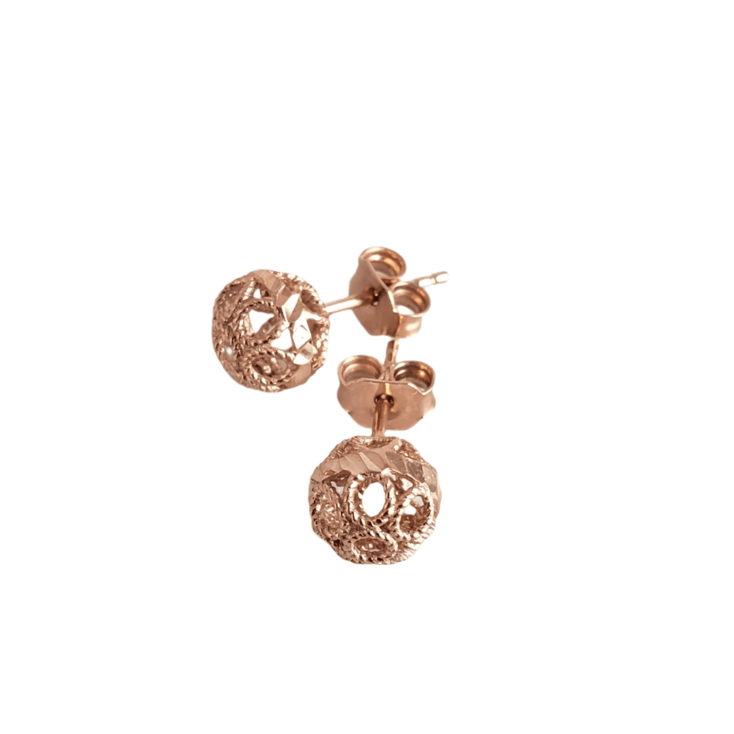 Round Gold Filigree Bead Stud Earrings with Diamond Cut - TurkishBling