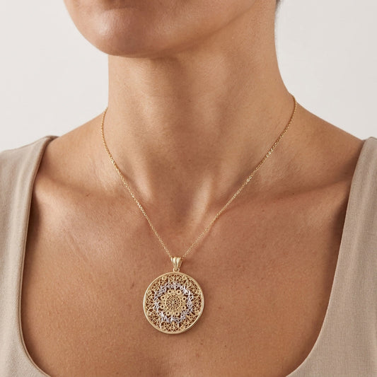 Gold Filigree Mandala Pendant Round Openwork Medallion Charm