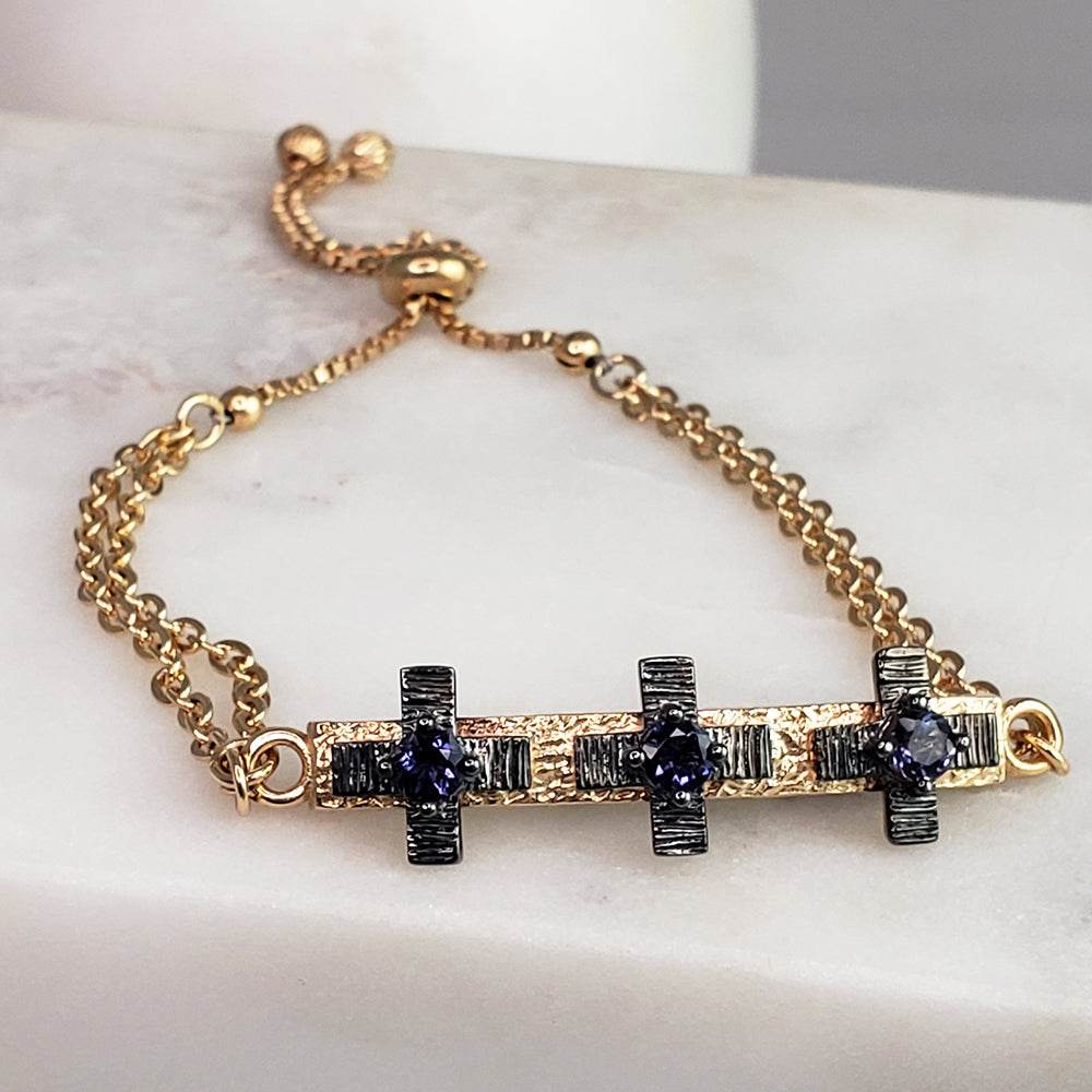 Cross Jewelry Bracelet with Gemstone – Gold Adjustable Artisan Religious Bracelet Citrine and Garnet Rhodolite , Blue Iolite - TurkishBling