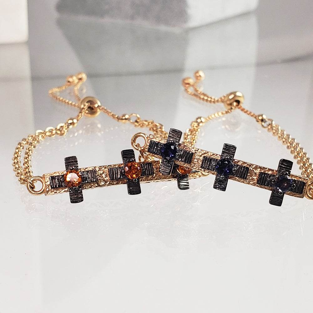 Cross Jewelry Bracelet with Gemstone – Gold Adjustable Artisan Religious Bracelet Citrine and Garnet Rhodolite , Blue Iolite - TurkishBling