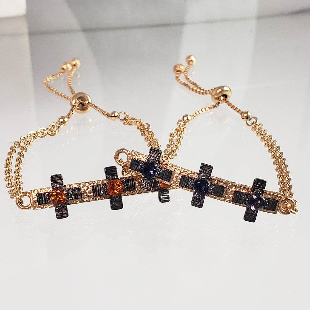 Cross Jewelry Bracelet with Gemstone – Gold Adjustable Artisan Religious Bracelet Citrine and Garnet Rhodolite , Blue Iolite - TurkishBling