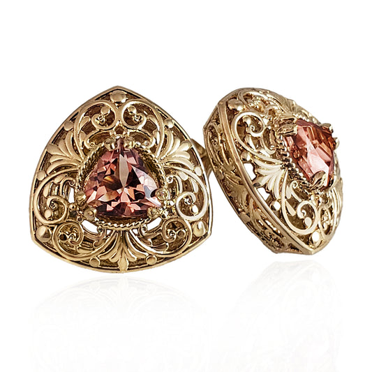 Trillion Morganite Stud Earrings with Scrollwork Filigree