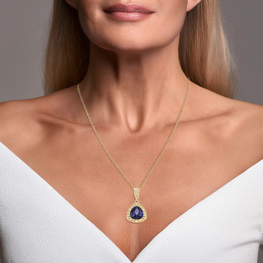 Trillion Cut Tanzanite Color Quartz Scrollwork Pendant w/18+2 in chain