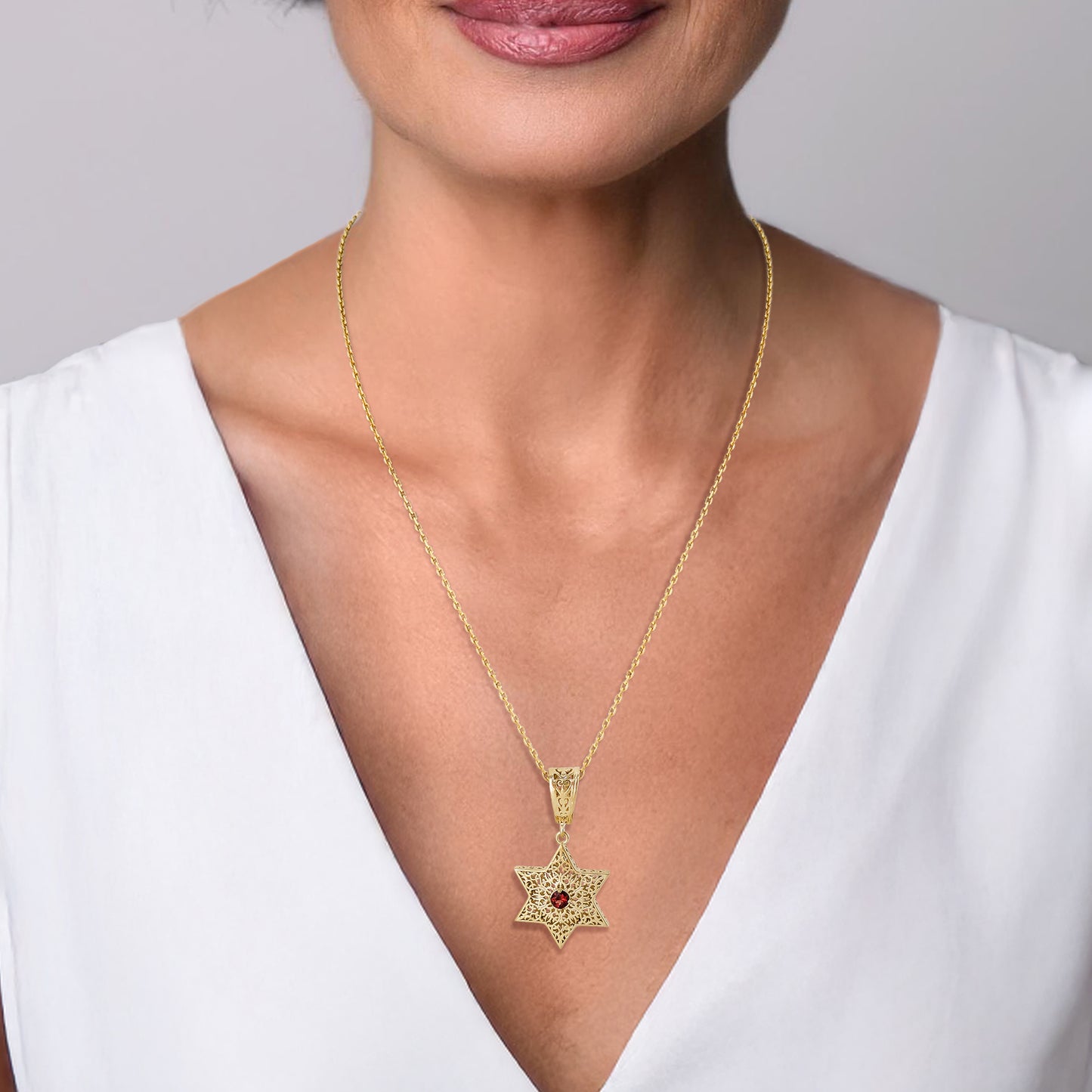 Star of David Filigree Pendant with Garnet or Citrine – Optional Chain