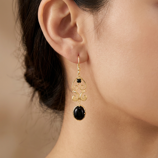 Gold Scroll Drop Earrings with Black Onyx or Blue Dumortierite – Handcrafted Bronze Jewelry