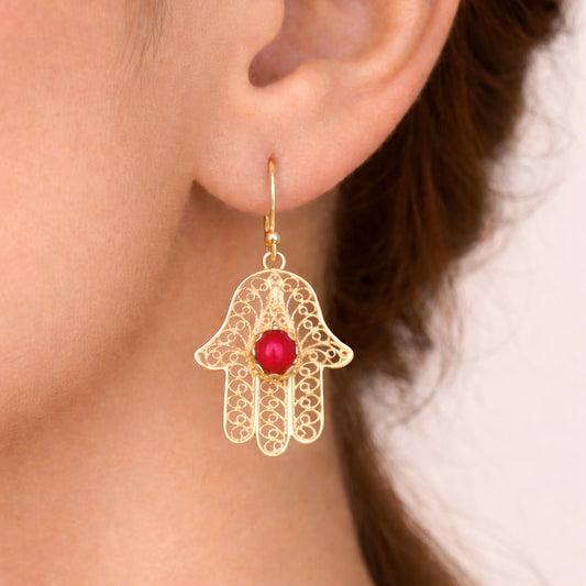 Red Coral Hamsa Drop Earrings
