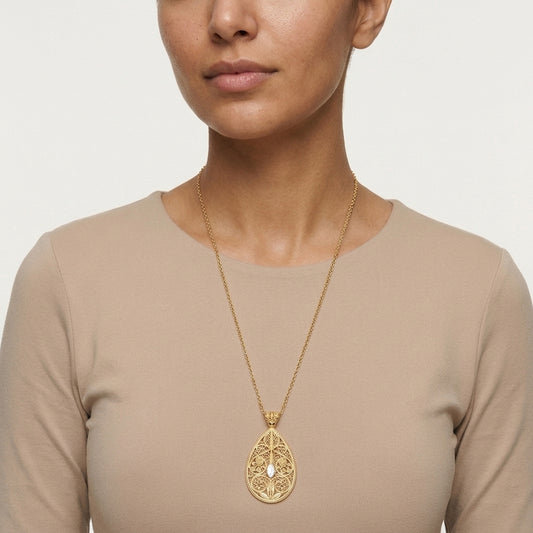 Teardrop Filigree Pendant Necklace – Mother-of-Pearl or Blue Lapis