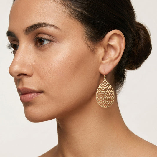 A close-up side profile of a woman wearing a large gold teardrop-shaped dangle earring with an intricate geometric openwork pattern, set against a clean off-white background.
