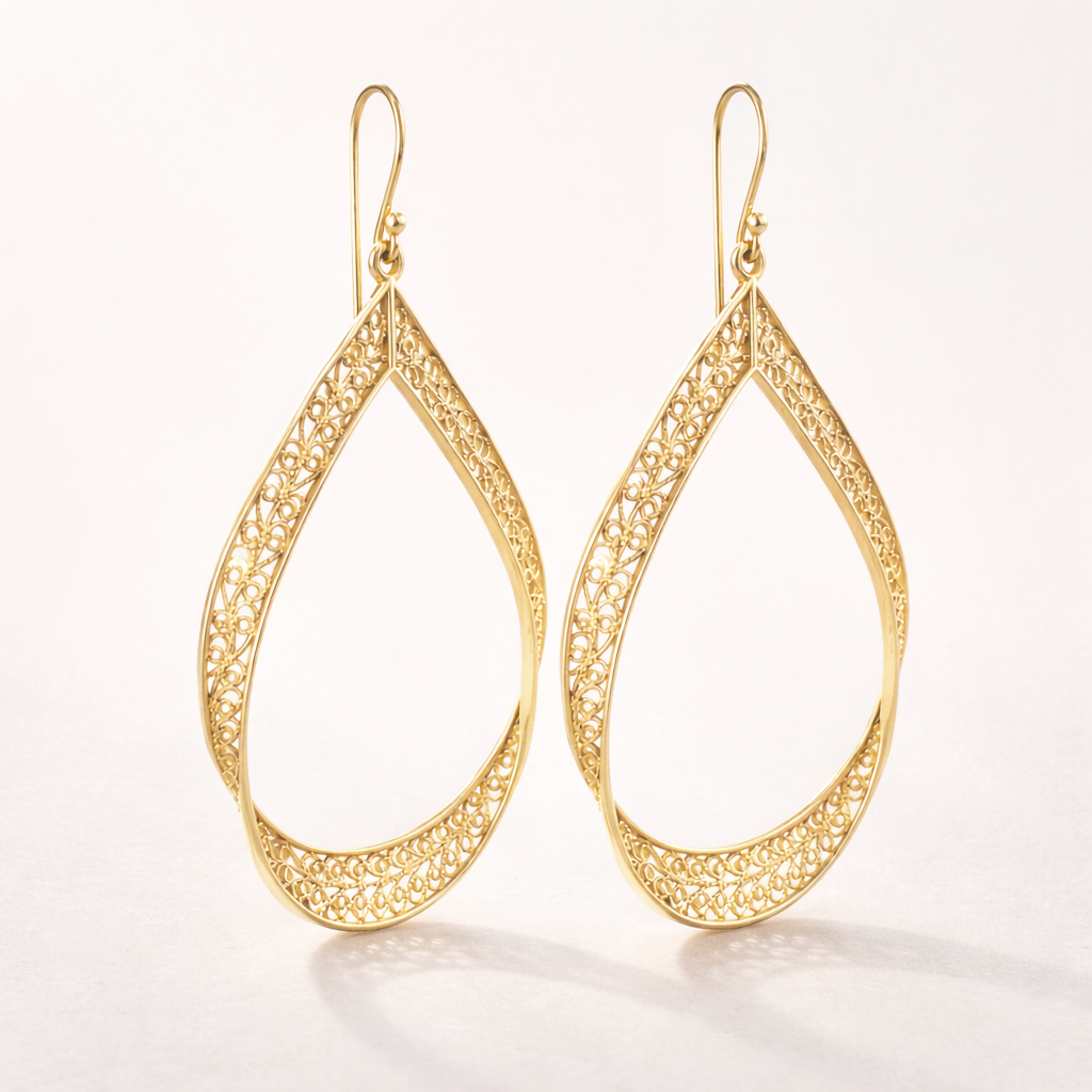 Elegant Gold Teardrop Filigree Earrings – Handcrafted Artisan Statement Dangles, Lightweight Jewelry