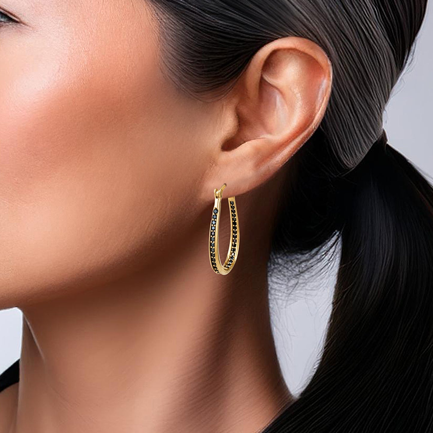 Black Spinel Hoop Earrings – Slim Oval Hoops