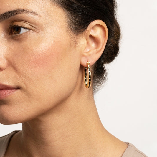 Black Spinel Hoop Earrings – Slim Oval Hoops