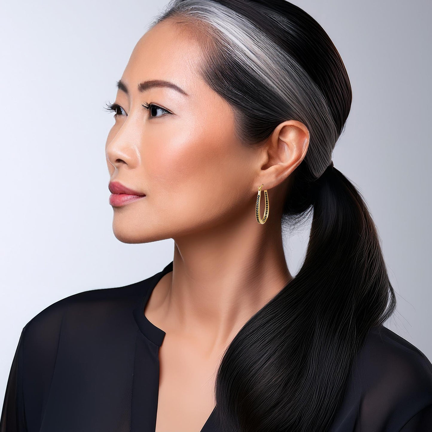 Black Spinel Hoop Earrings – Slim Oval Hoops