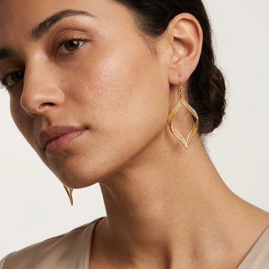 Ribbon Marquise Filigree Dangle Earrings with Sculptural Contour