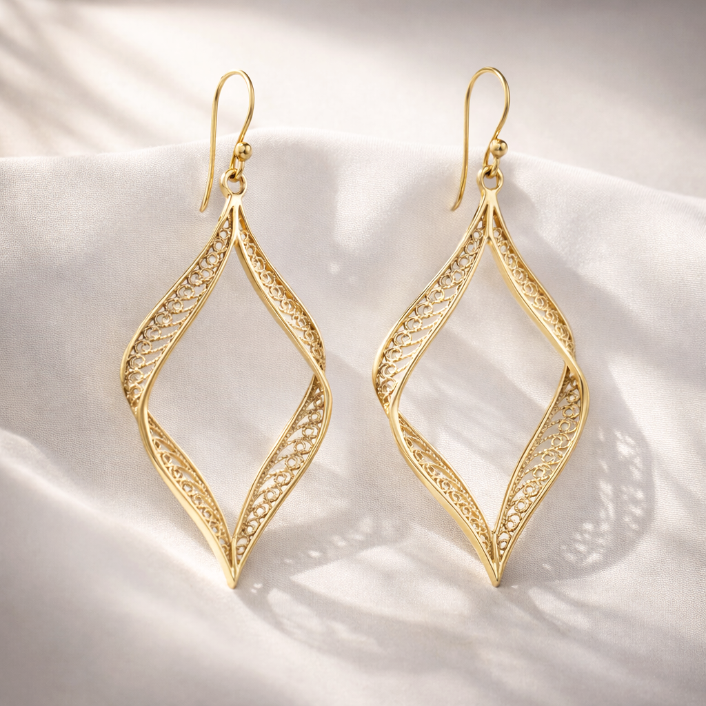 Ribbon Marquise Filigree Dangle Earrings with Sculptural Contour