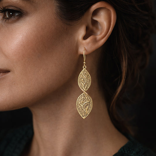 Nature Inspired Filigree Leaf Dangle Earrings – Elegant Long Earrings with Intricate Detail