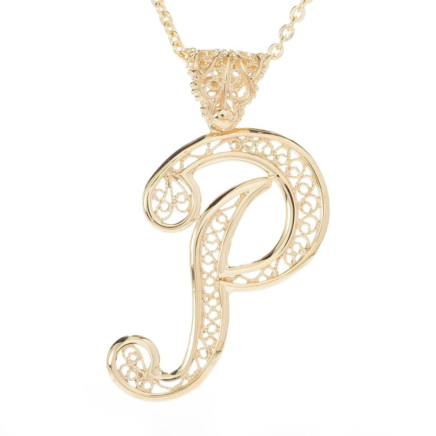 Filigree Bold Initial Pendant with Chain - TurkishBling