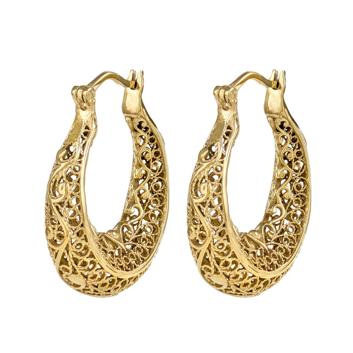 Elegant Filigree Gold Hoop Earrings with Intricate Scrollwork Design - TurkishBling