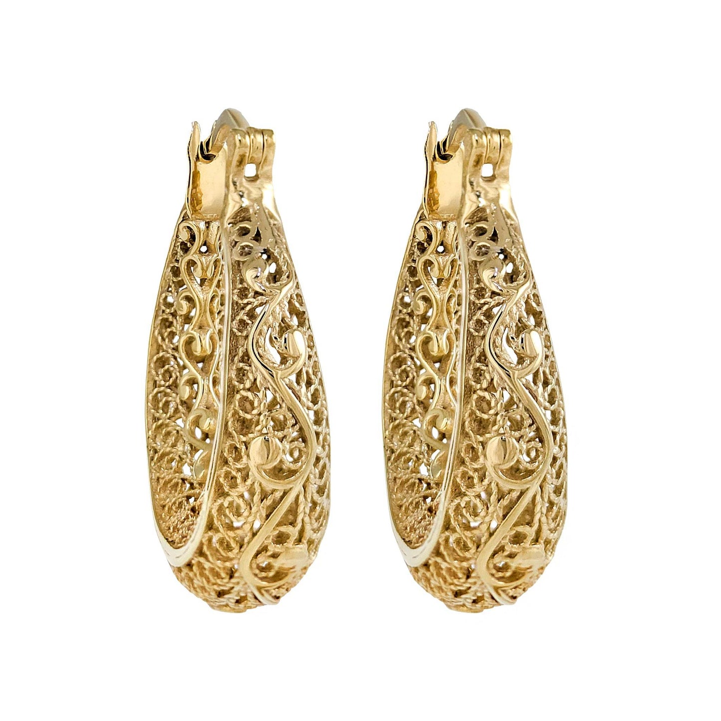 Elegant Filigree Gold Hoop Earrings with Intricate Scrollwork Design - TurkishBling