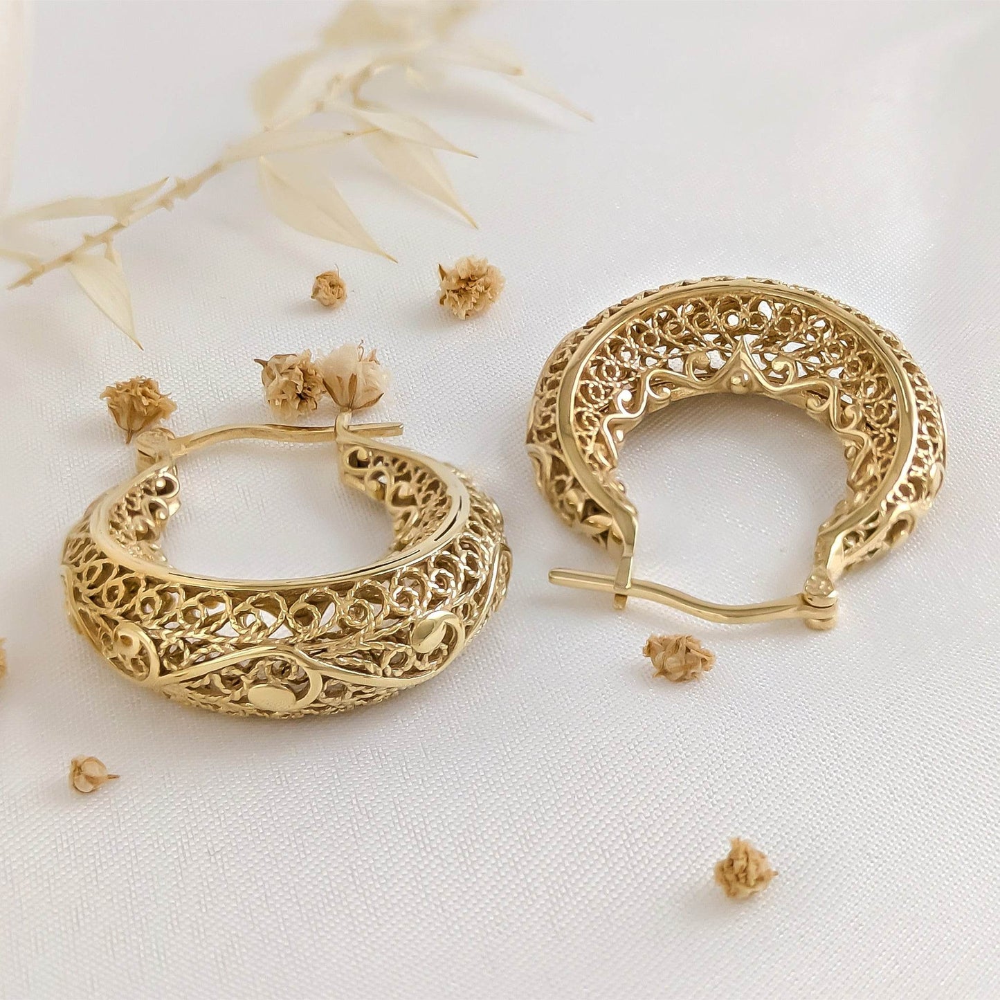 Elegant Filigree Gold Hoop Earrings with Intricate Scrollwork Design - TurkishBling