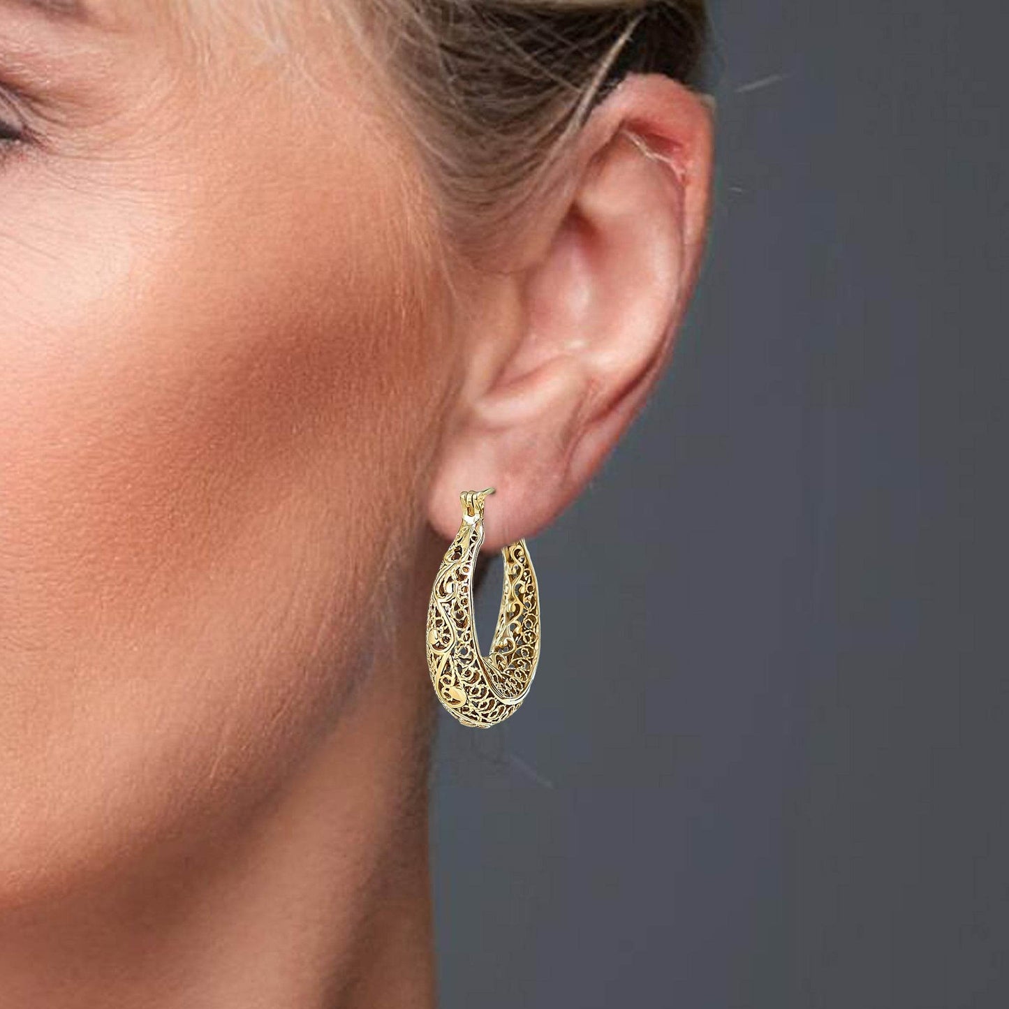 Elegant Filigree Gold Hoop Earrings with Intricate Scrollwork Design - TurkishBling