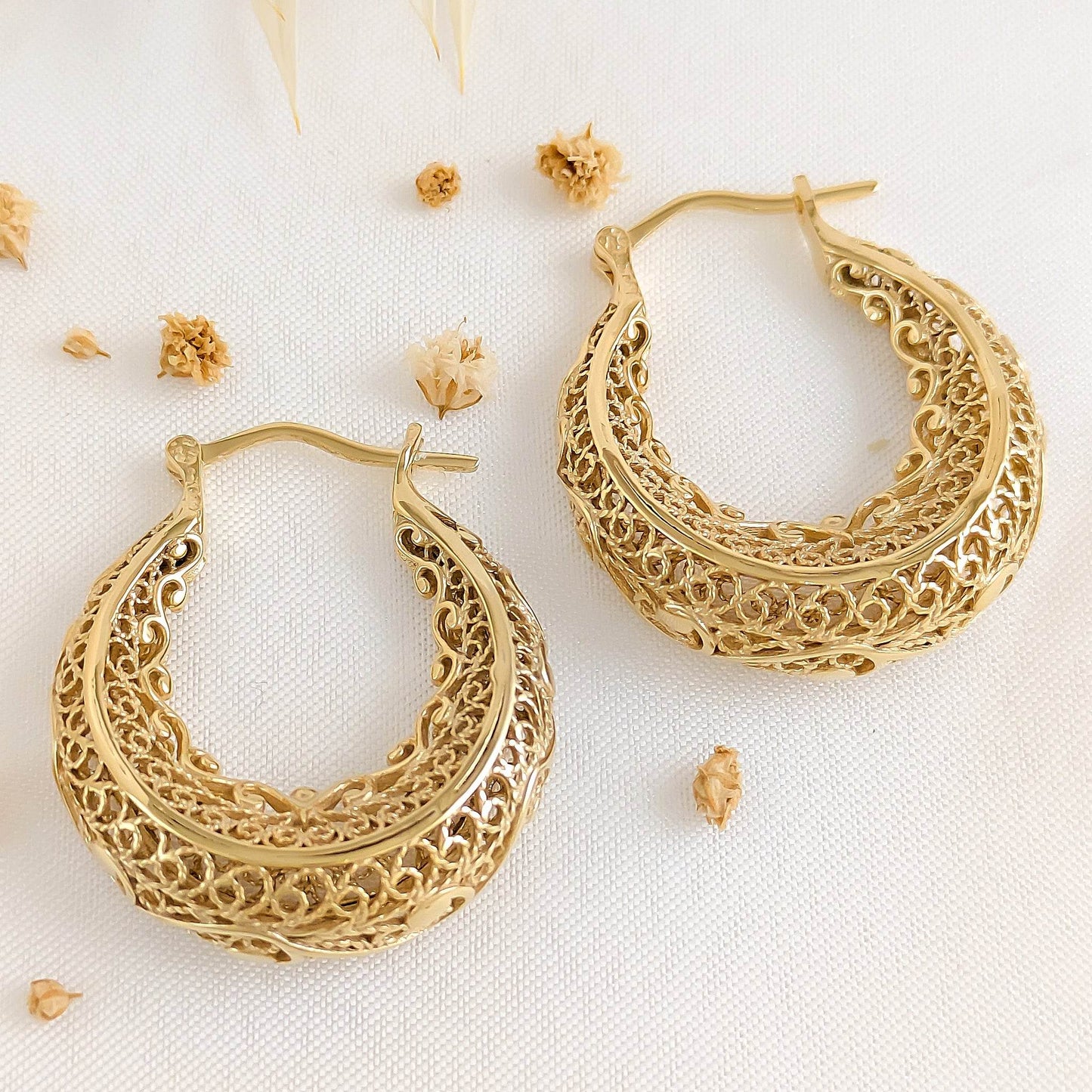 Elegant Filigree Gold Hoop Earrings with Intricate Scrollwork Design - TurkishBling