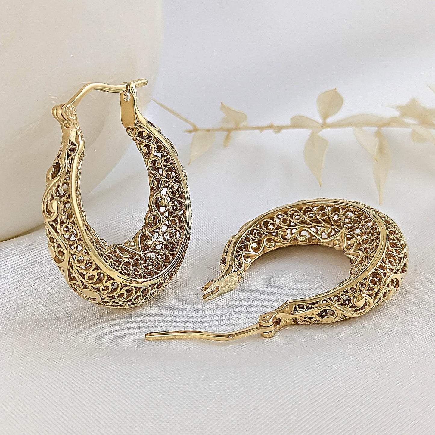 Elegant Filigree Gold Hoop Earrings with Intricate Scrollwork Design - TurkishBling