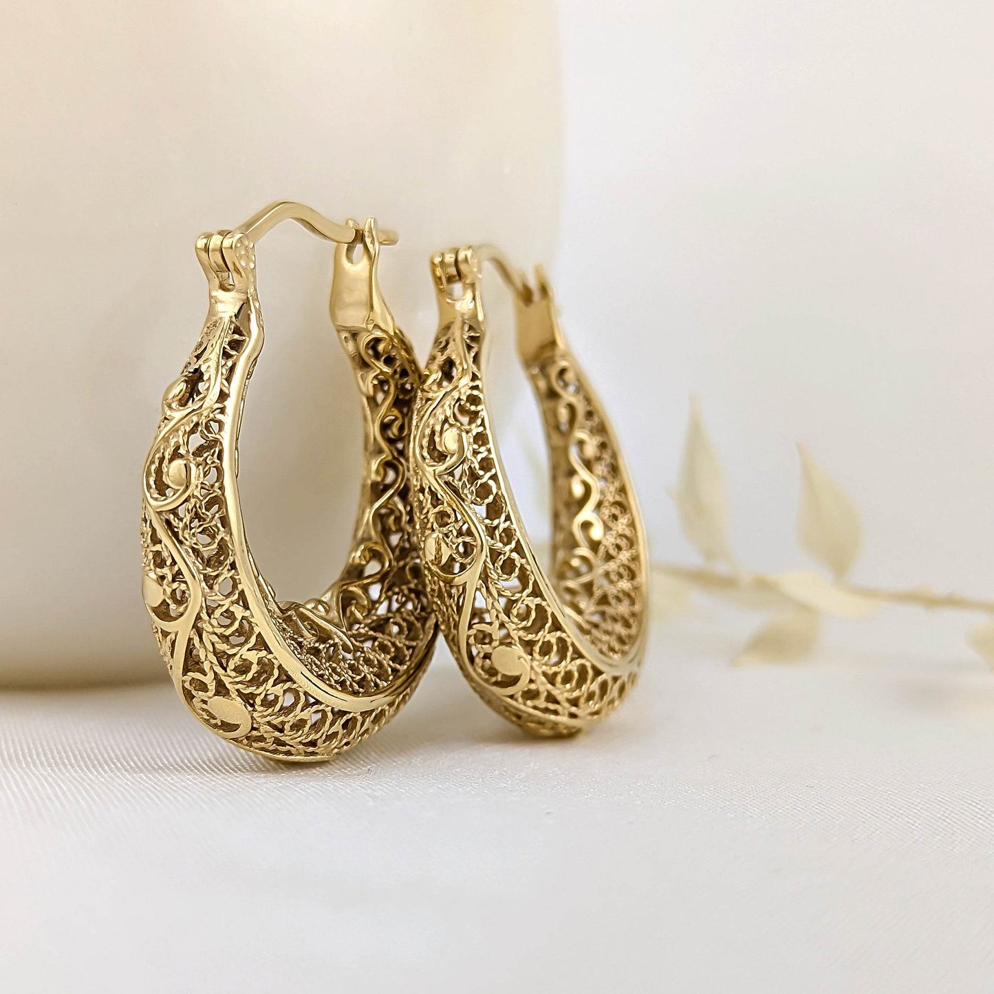 Elegant Filigree Gold Hoop Earrings with Intricate Scrollwork Design - TurkishBling