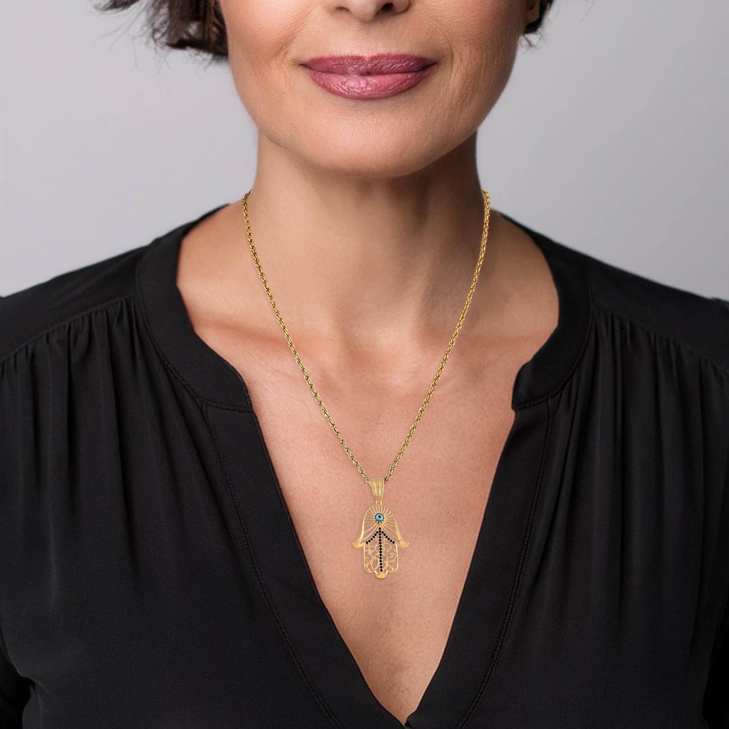 Hamsa Pendant with Black Spinel and Evil Eye – Gold over Sterling Silver, Enhancer Clasp - TurkishBling