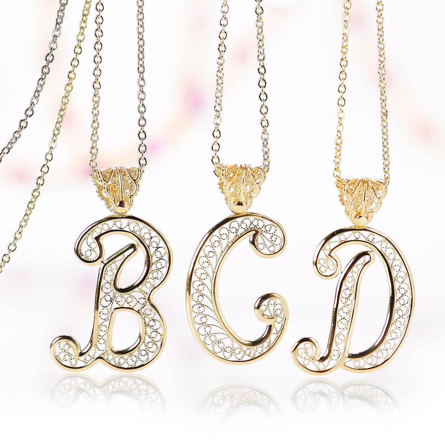 Filigree Bold Initial Pendant with Chain - TurkishBling