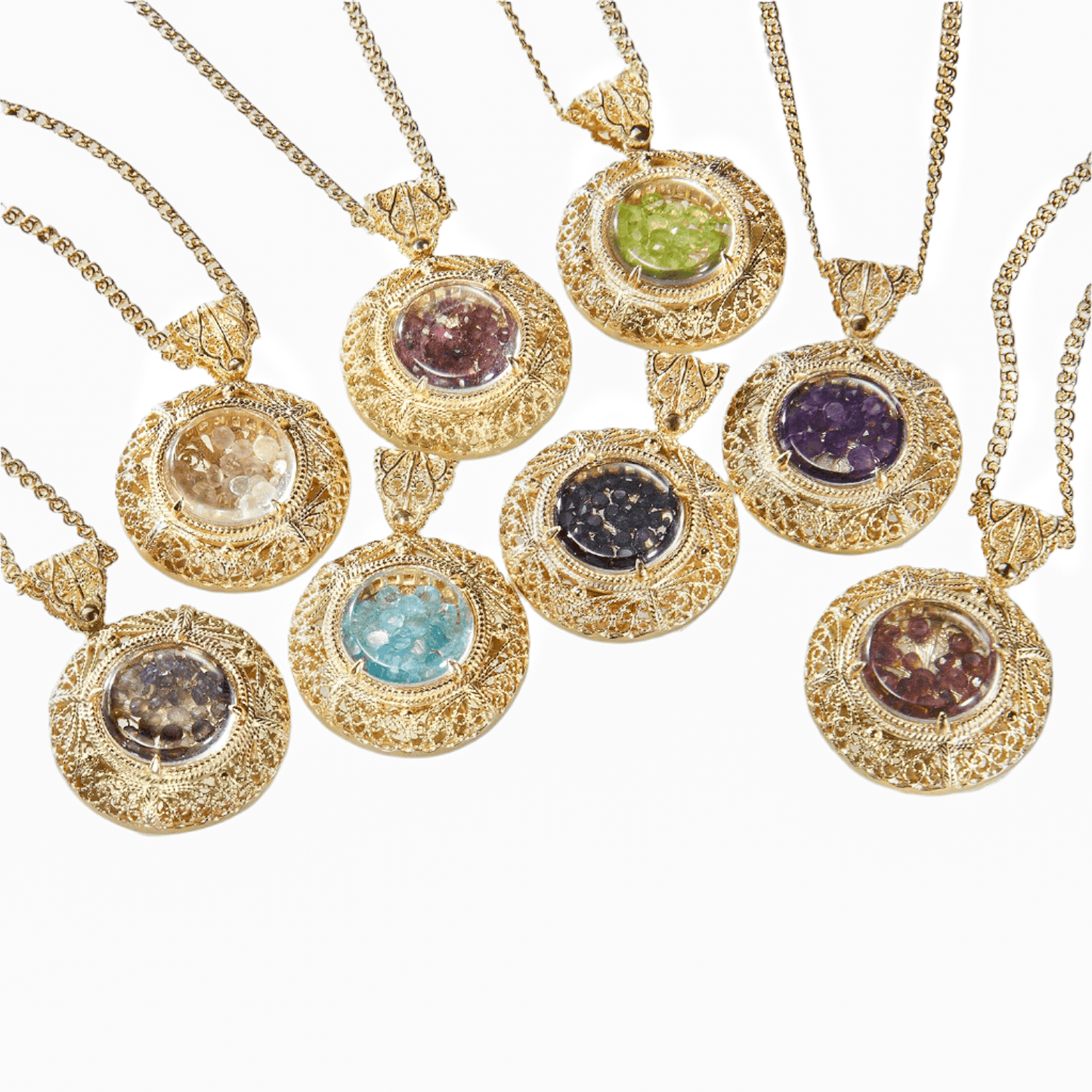 Filigree Locket Shaker Pendant with Floating Gemstones – 36 in. Love Link Chain - TurkishBling