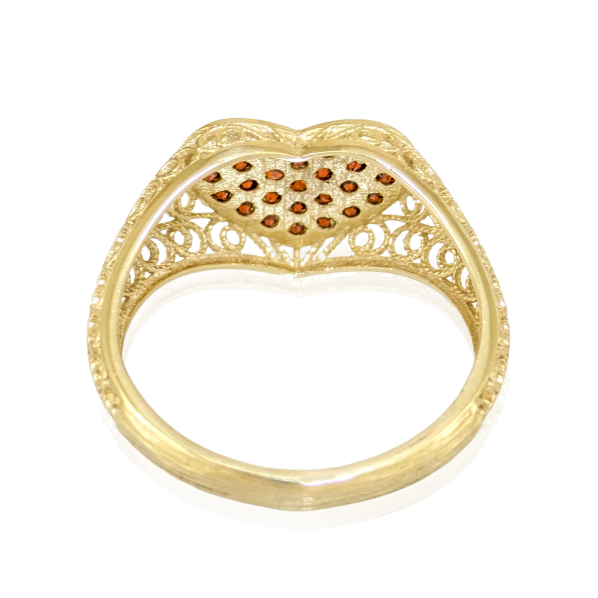 Heart Filigree Ring with Red Cubic Zirconia – Romantic Gold Statement Ring