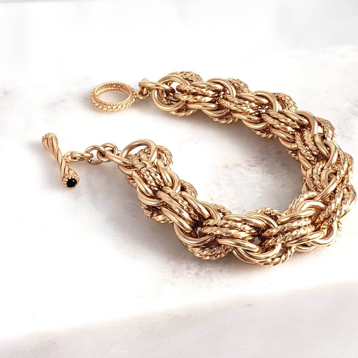 Bold Link Bracelet with Cable and High Polished Links and Gemstone Accented Toggle v White Gold - TurkishBling
