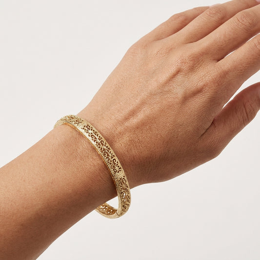 Turkish Filigree Gold Plated Hinged Bangle Bracelet with Openwork Design