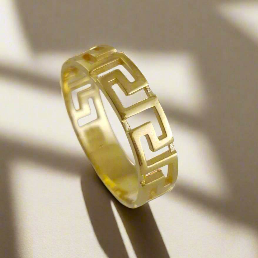 Gold Greek Pattern Band Ring - 18k, 14k, 10k - TurkishBling