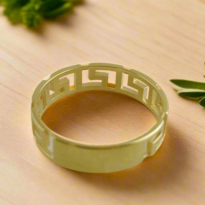 Gold Greek Pattern Band Ring - 18k, 14k, 10k - TurkishBling