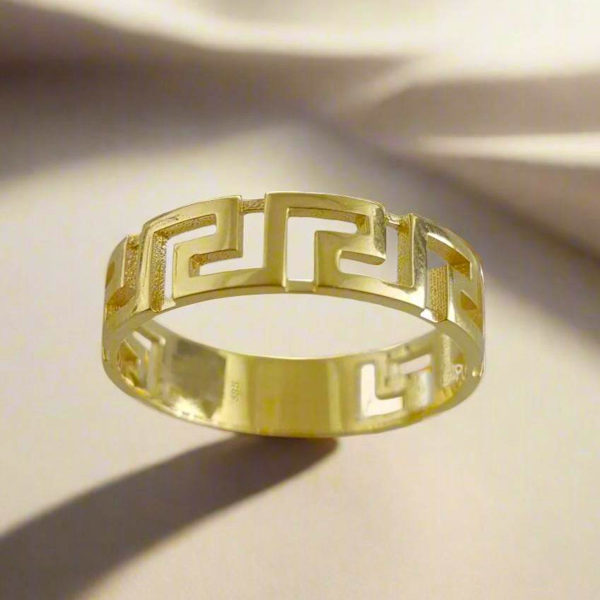 Gold Greek Pattern Band Ring - 18k, 14k, 10k - TurkishBling