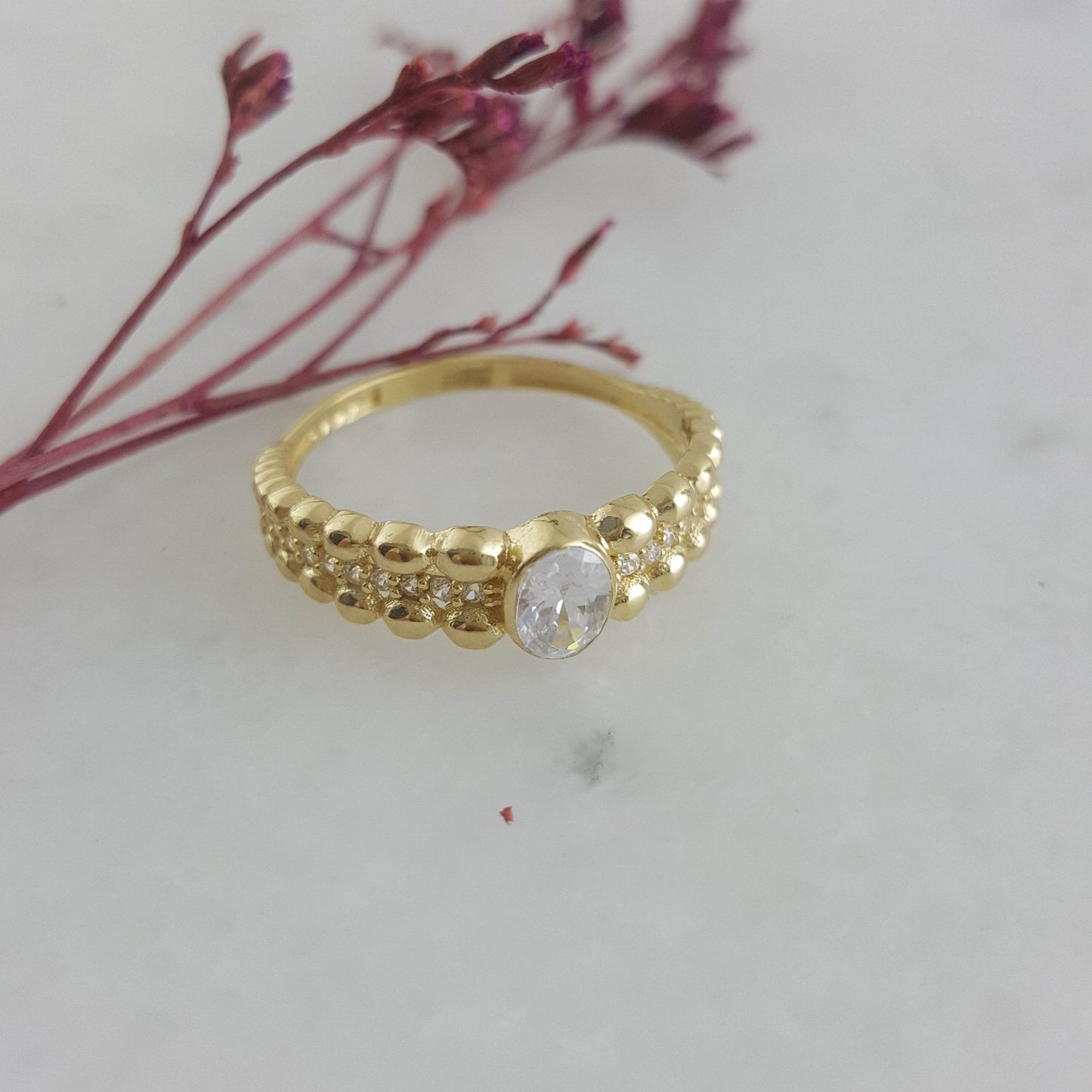 Milgrain Gold Ring with Cubic Zircon - 10k,14k,18k - TurkishBling