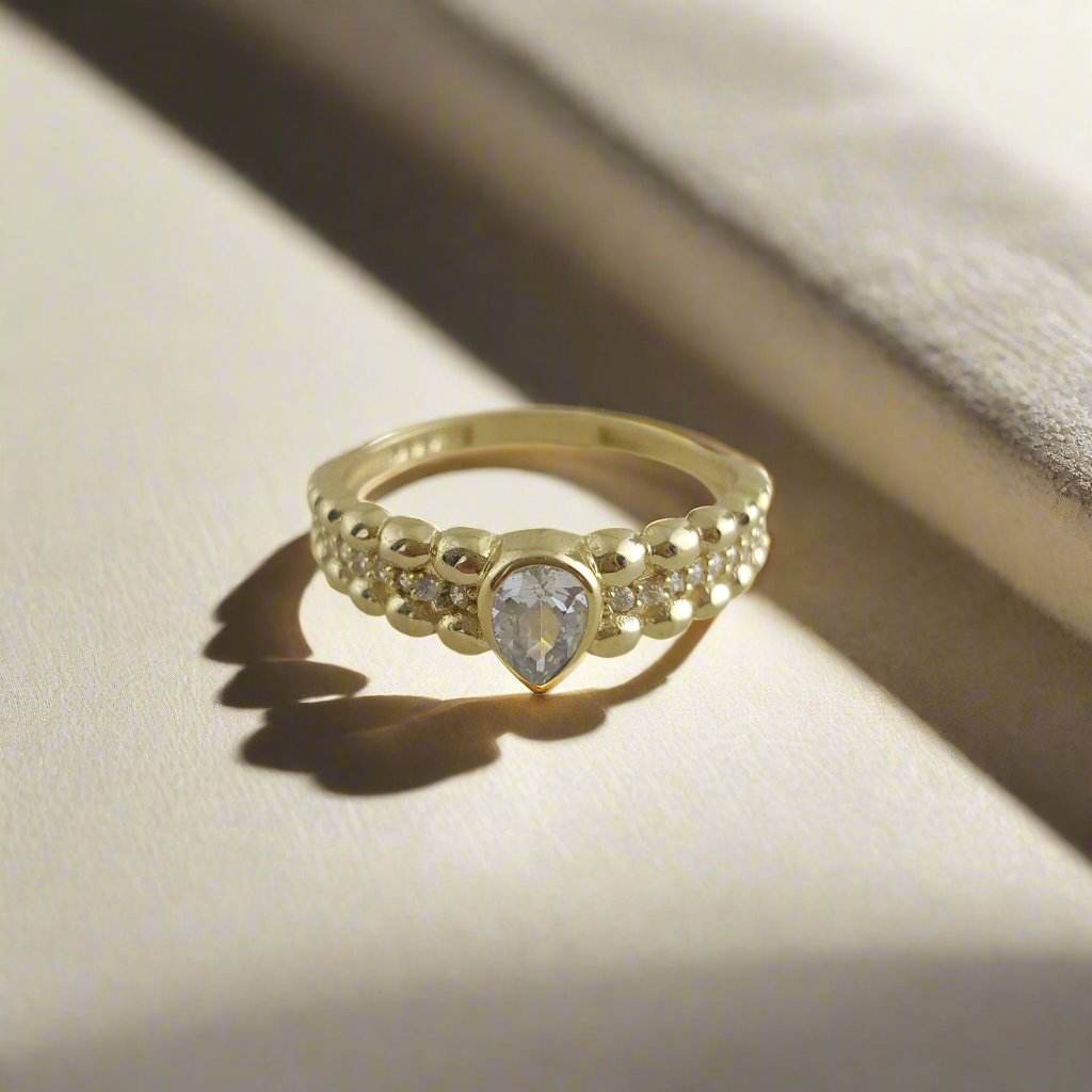 Gold Ring with Pear Cubic Zircon - 10k,14k,18k - TurkishBling