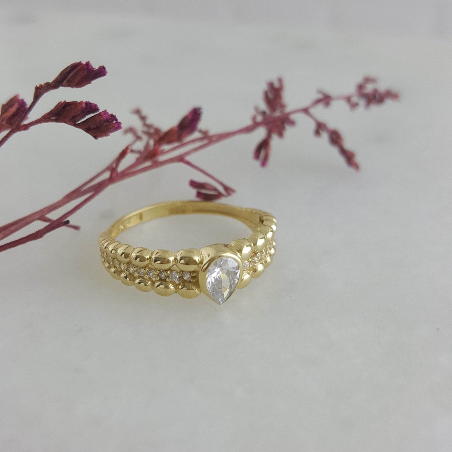 Gold Ring with Pear Cubic Zircon - 10k,14k,18k - TurkishBling
