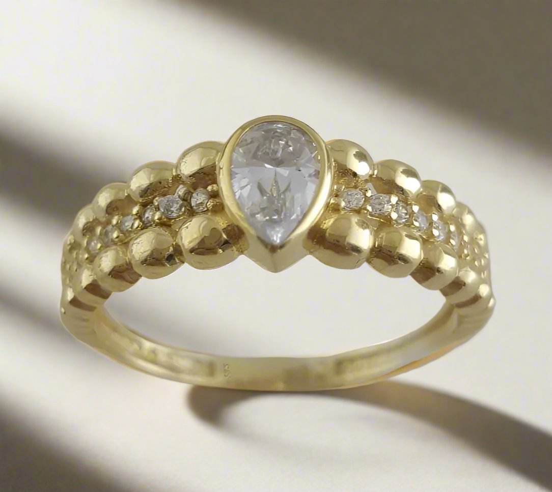 Gold Ring with Pear Cubic Zircon - 10k,14k,18k - TurkishBling
