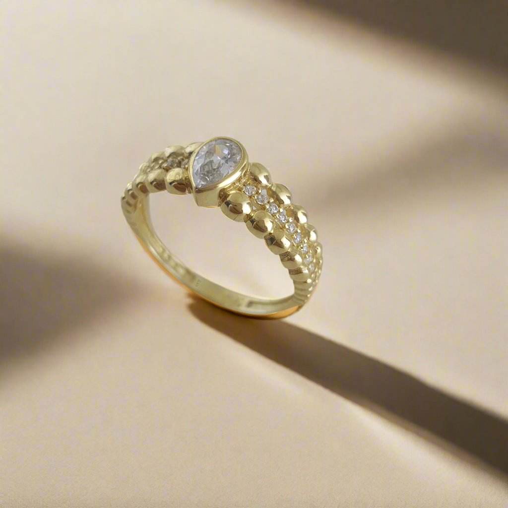 Gold Ring with Pear Cubic Zircon - 10k,14k,18k - TurkishBling