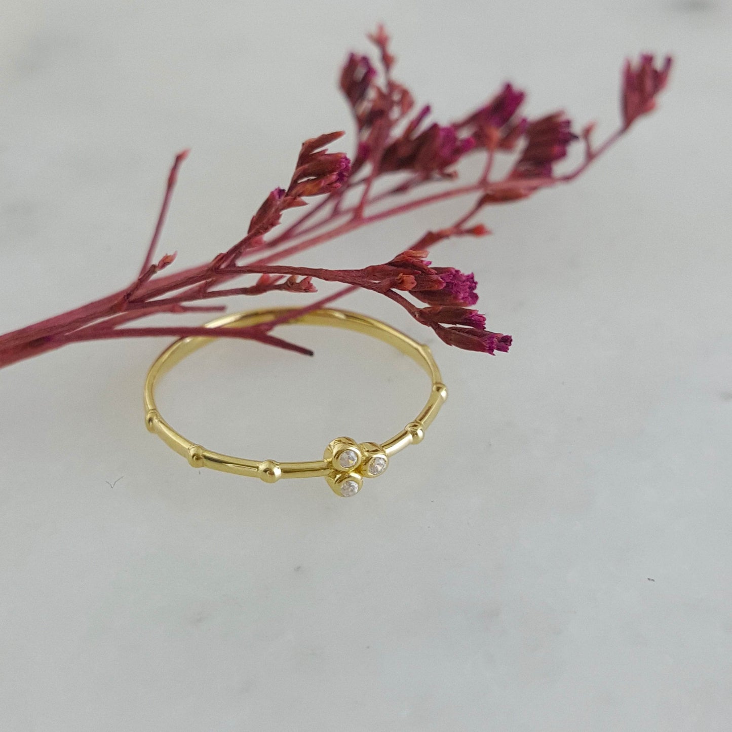 Minimalist Milgrain Bead Solid Gold Ring with Stones - 18k, 14k, 10k - TurkishBling