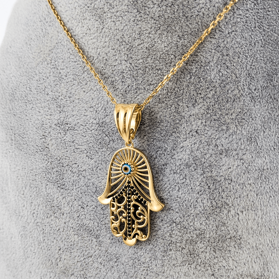 Hamsa Pendant with Black Spinel and Evil Eye – Gold over Sterling Silver, Enhancer Clasp - TurkishBling