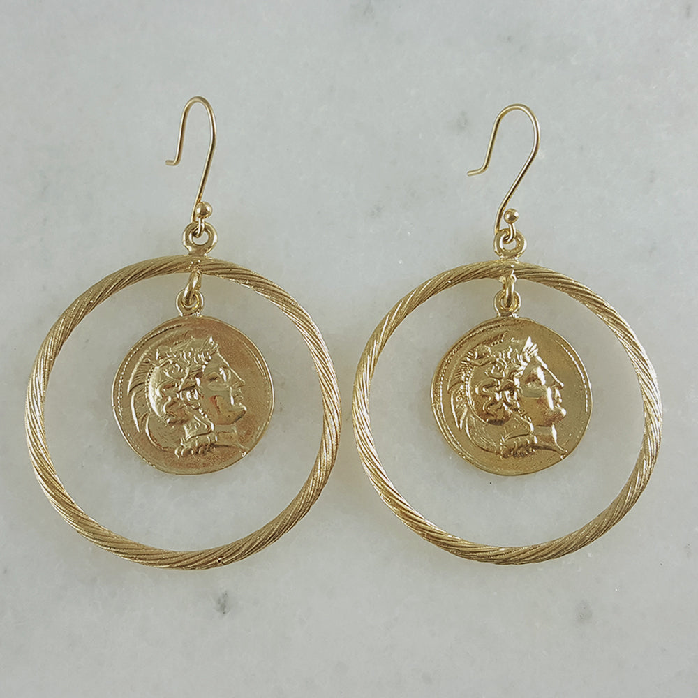 Ancient Coin Earrings in Cable Hoop on Hooks