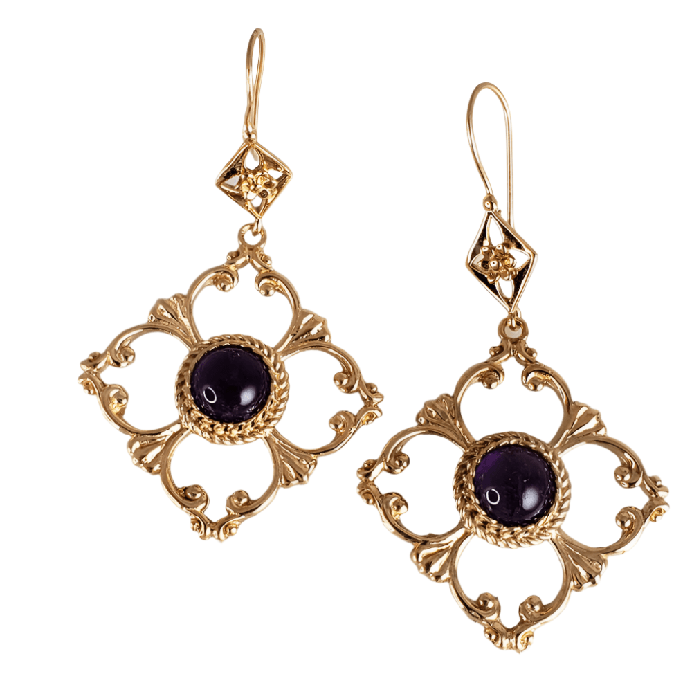 Venetian Scrollwork Engraved Geometric Earrings with Amethyst Gemstone - TurkishBling