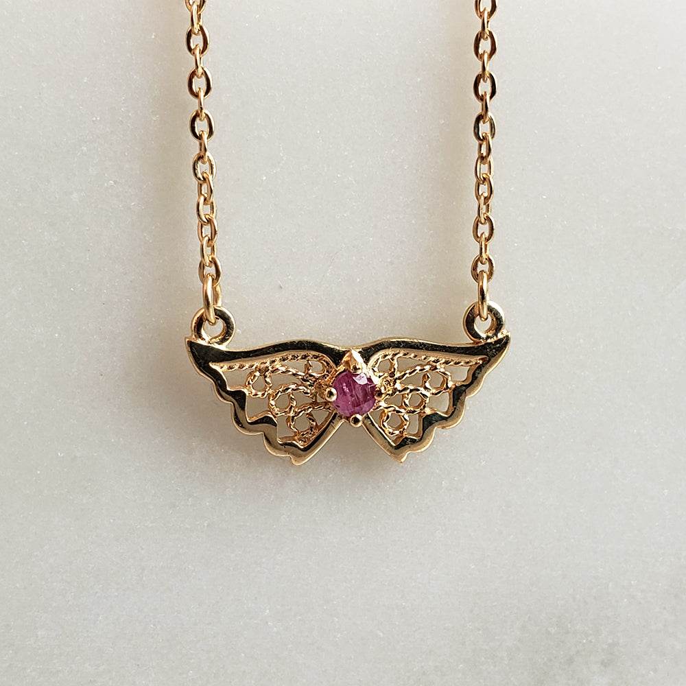 Charm Necklace Collection with Ruby – Angel Wings, Elephant, Cross – Gold over Bronze - TurkishBling