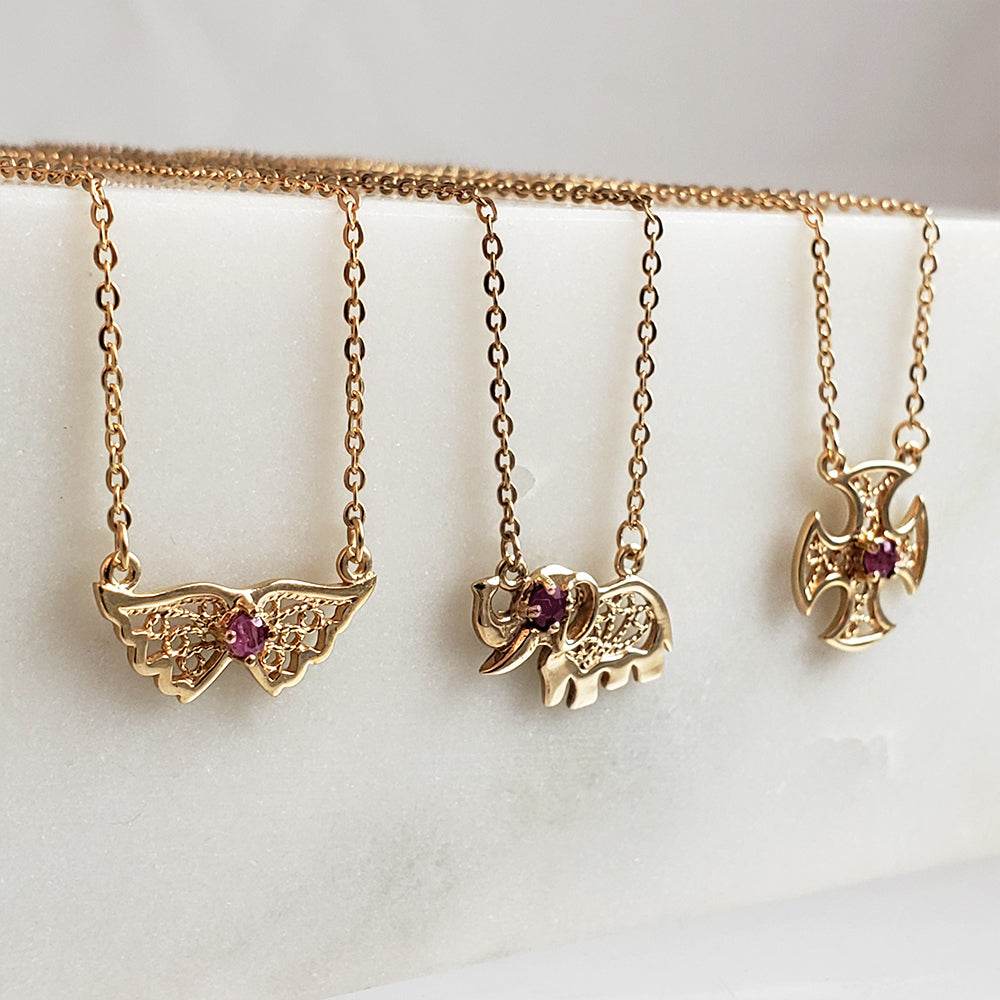 Charm Necklace Collection with Ruby – Angel Wings, Elephant, Cross – Gold over Bronze - TurkishBling
