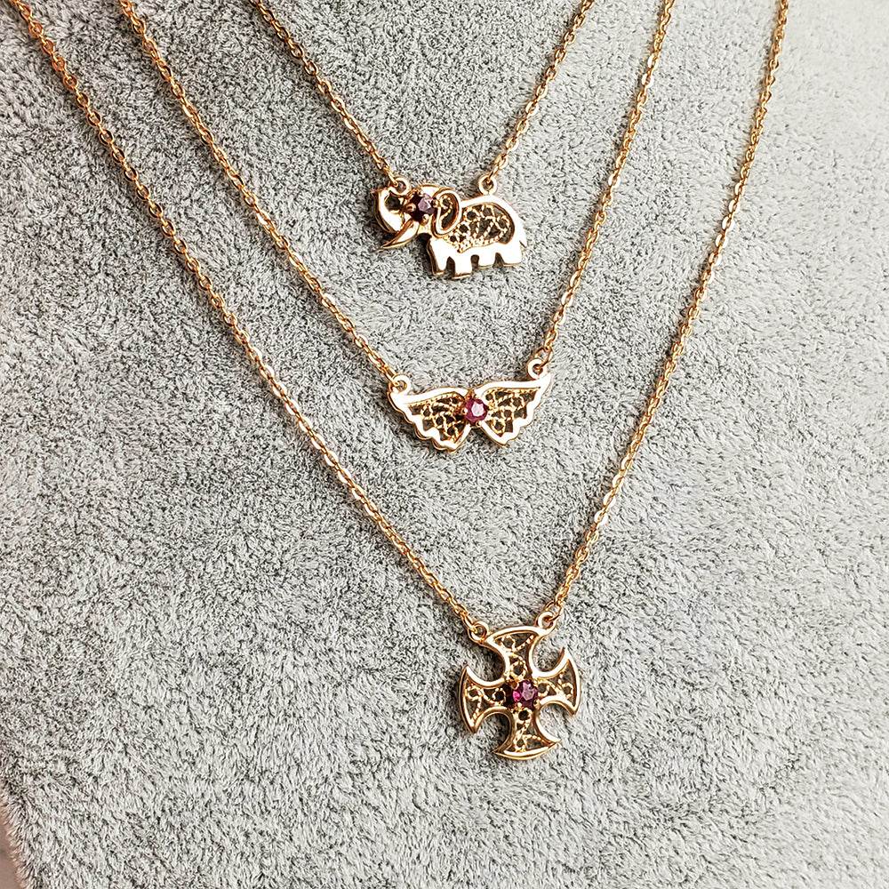 Charm Necklace Collection with Ruby – Angel Wings, Elephant, Cross – Gold over Bronze - TurkishBling