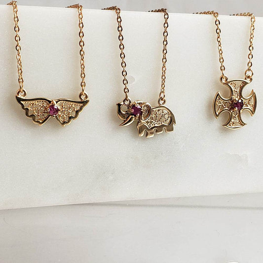 Charm Necklace Collection with Ruby – Angel Wings, Elephant, Cross – Gold over Bronze - TurkishBling